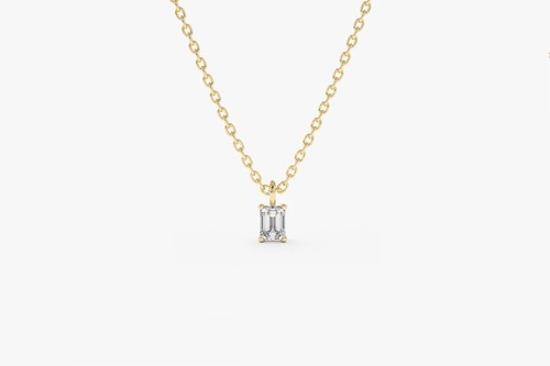 Emerald Cut Diamond 0.22ctw Solitaire Necklace 14k Gold Plated Silver Minimalist - Picture 2 of 5