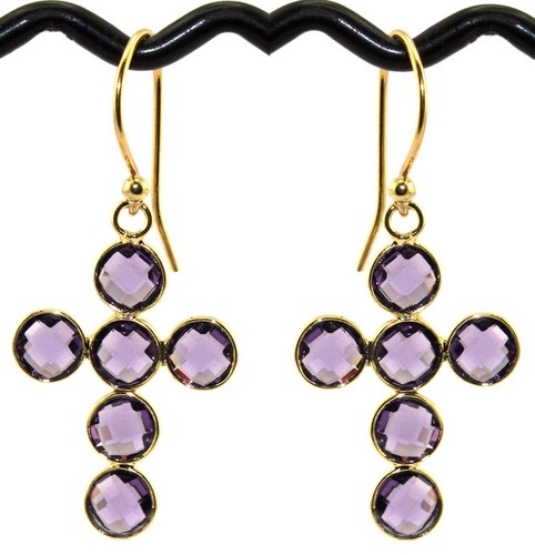 Multi-Color Cross Hydro Quartz Chalcedony Drop Dangle Yellow Gold Plated Earring - Picture 19 of 22