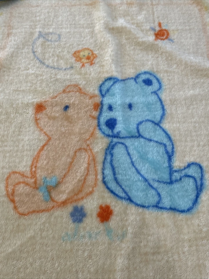 Manta de peluche Child of Mine amarillo azul 2 osos pájaro sol felpa cuna bebé Foto 4 de 4