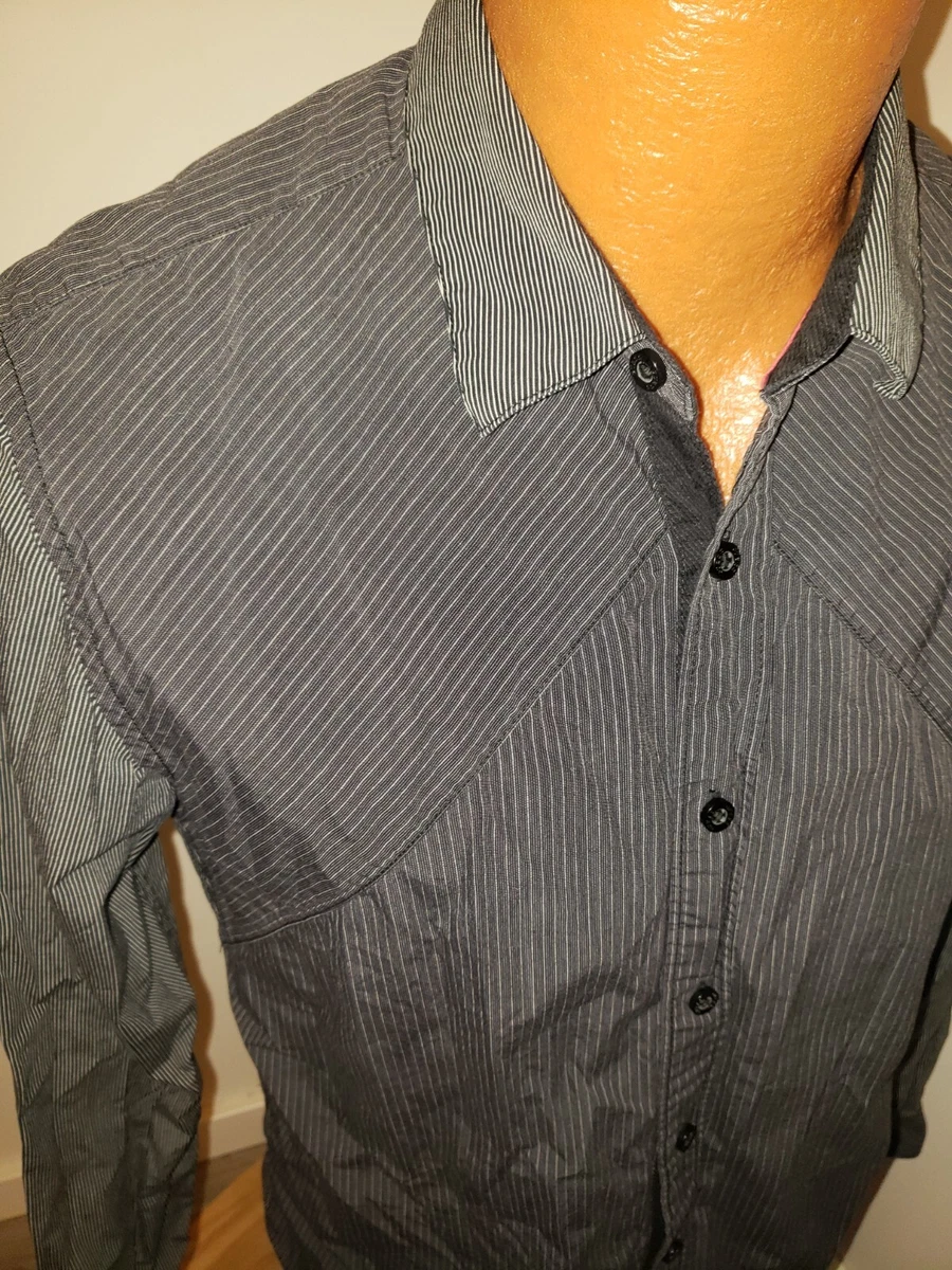 Camisa (Mediana) Para Hombres GUESS Abotonada Negra Gris Rayas Calce Ajustado