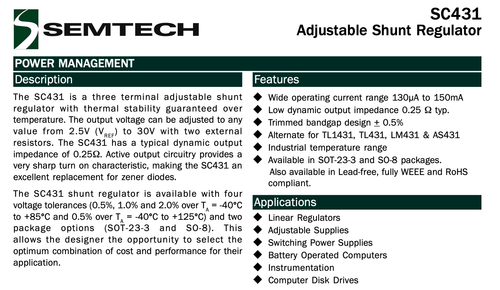 (23) Semtech SC431CSK-.5 (.5%) Adjustable Shunt Regulators 2.5 to 30v SOT-23-3 - Picture 2 of 2