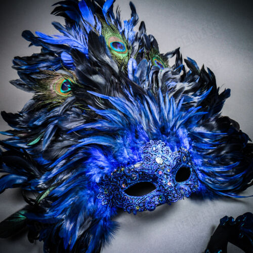BLUE Venetian Couple Party Men Masquerade Ball & Women Large Feather Face Mask - Picture 3 of 3