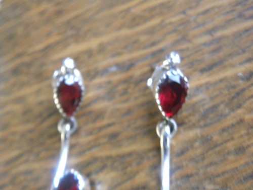 Garnet CZ Earrings Sterling Silver Red Handmade Silver Earrings 2" - Picture 5 of 7