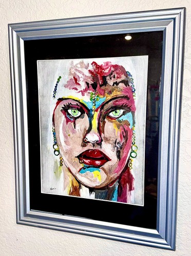 Gerahmtes signiertes 8 "x 10" abstraktes Acrylgemälde Karneval Frau im Kostüm - Bild 4 von 4