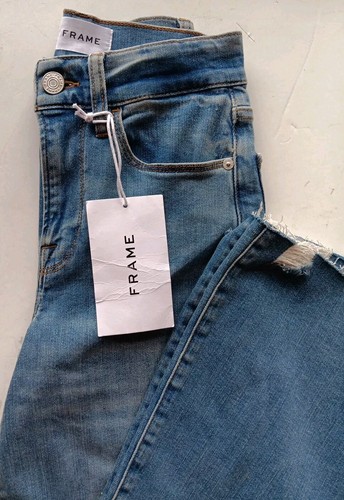NWT FRAME JEANS Blue Denim Elastic Bells Flare RAW EDGE NEW TAGS Women Sz 26