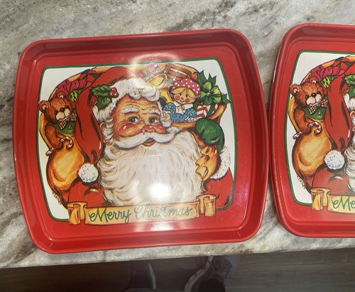 "Dos bandejas de plástico vintage de Papá Noel Feliz Navidad 11x13""" - Imagen 3 de 8
