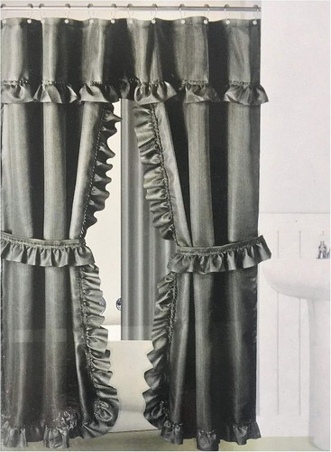 Black Double Swag Fabric Shower Curtain Set, Vinyl Liner and 12 Rolling Rings