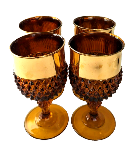 4 Indiana Glass Amber Diamond Point Water Wine Glass Wide Gold Rim 6.5"x3.5/8" - Picture 2 of 12