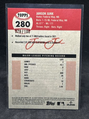 Janson Junk #/100_2022 Topps Chrome Platinum Toile Cream Atomic Refractor - Picture 2 of 3