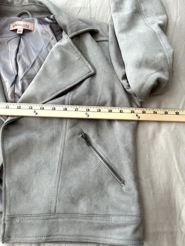 Philosophy Jacket Women Large Gray Faux Leather Moto Open Front Pockets Stretch - Picture 4 of 11