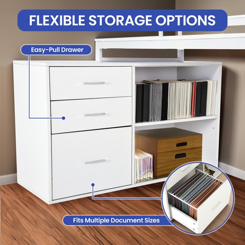 55" L Shaped Office Computer Desk File Drawer Shelf W/ LED Lights & Power Outlet - Picture 5 of 11