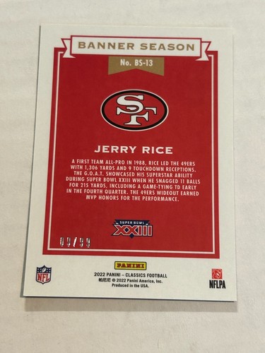 2022 PANINI CLASSICS PREMIUM JERRY RICE 9/99 BANNER SEASON GOLD PRIZM 49ERS Z2 - Picture 2 of 2