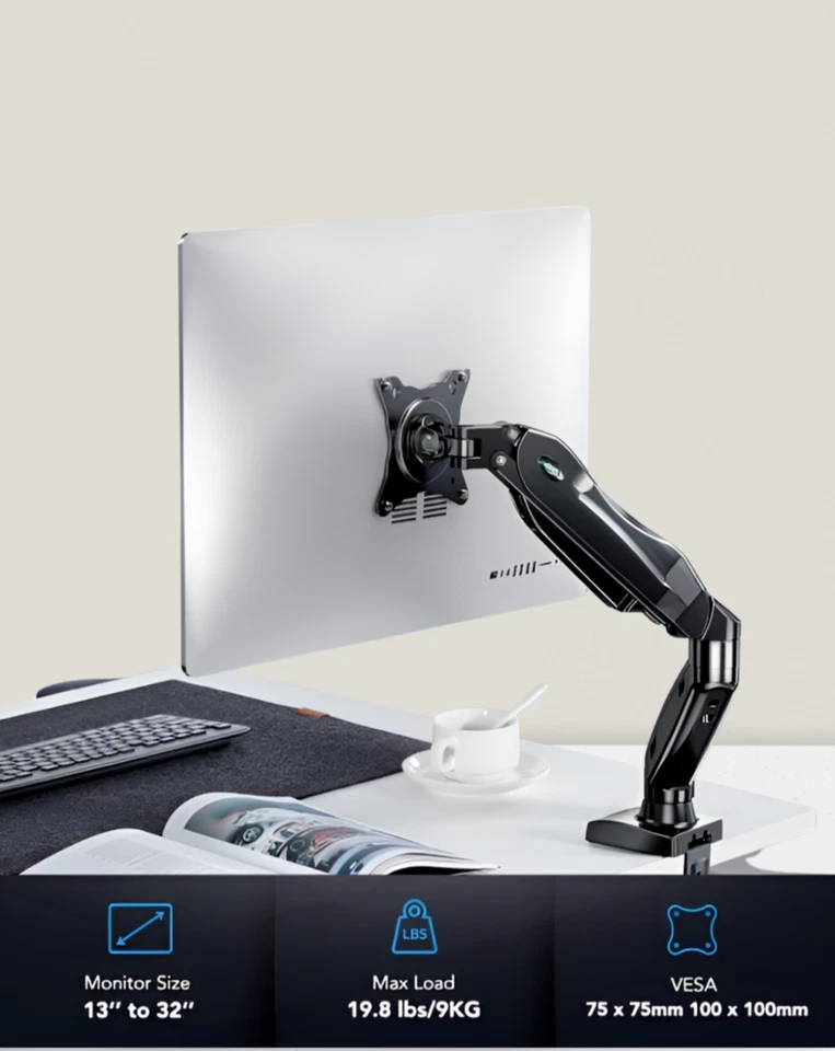 Single Monitor Mount 13-32 Inch Gas Arm Adjustable Vesa Clamp Grommet Base - Image 2 of 4