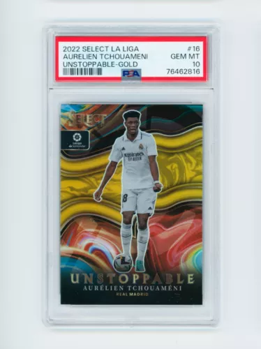 2022 Aurelien Tchouameni Panini Select Unstoppable Gold Real Madrid 5/10 PSA 10