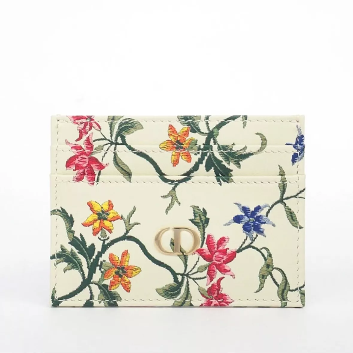 Portefeuille porte monnaie Christian Dior imprimé floral Caro XS cuir blanc authentique
