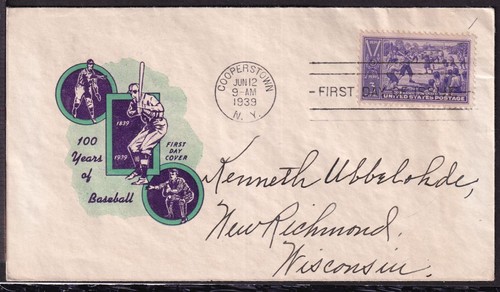 1939 Baseball Centennial Sc 855-50c.1 with Harry Ioor cachet CV $75 (T3