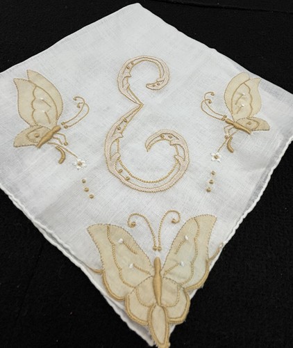 Embroidered Yellow Gold MONOGRAM E Linen Handkerchief Applique BUTTERFLIES - Picture 2 of 5