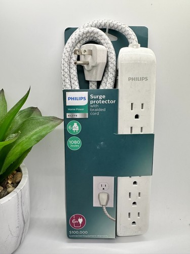 Philips 6 Steckdosen USB Überspannungsschutz Home Power Elite 6 Fuß Geflochtenes Kabel - Weiß
