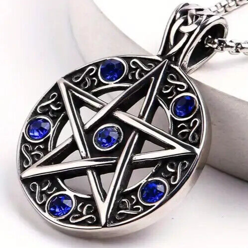 Hollow Pentagram Blue Rhinestone Pendant Men's Stainless Steel Necklace - Picture 5 of 6