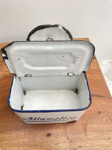 French Enamelware Wall Hung Matches Box Blue White Enamel Allumettes Lidded - Picture 10 of 13