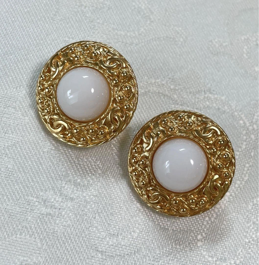 Vintage CHANEL Golden Round Shape Faux Pearl Earrings With 