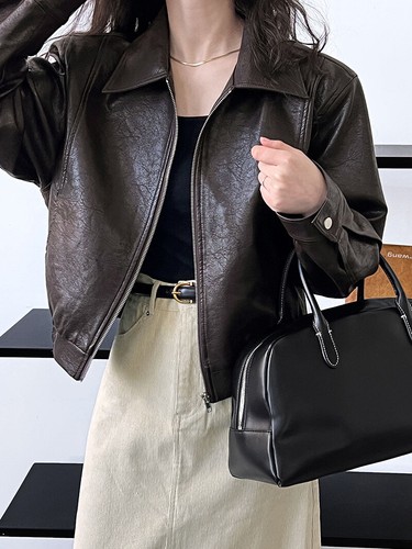 Retro Brown Leather Jacket Womens Autumn Zipper PU Lapel Motorcycle Short Jacket - Picture 19 of 23