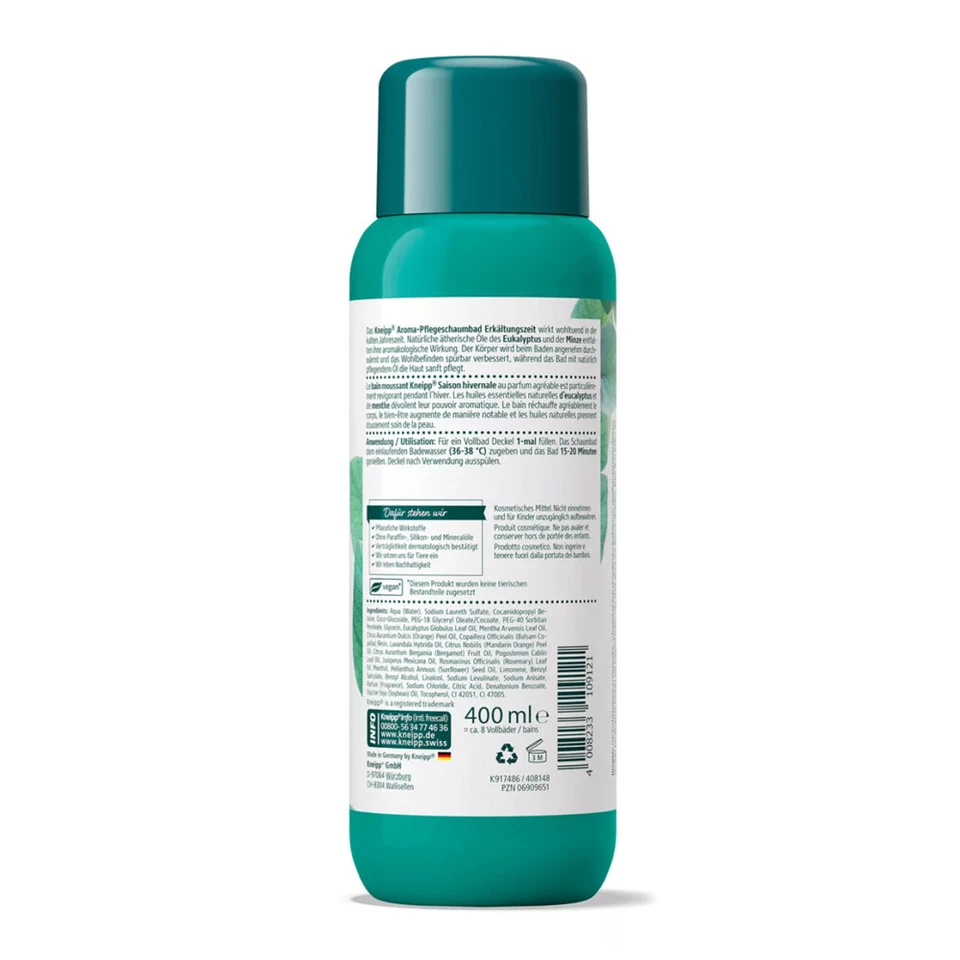Alivio de espuma de baño vegano Kneipp para respiración clara con eucalipto y menta 4x400 ml Foto 3 de 3