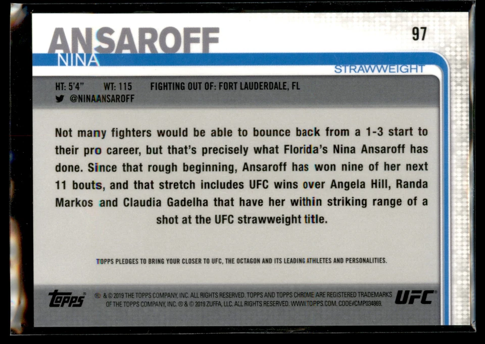 2019 Topps Chrome UFC MMA DIAMOND Refractor Hot Box #97 Nina Ansaroff RC SP - Image 2 of 2