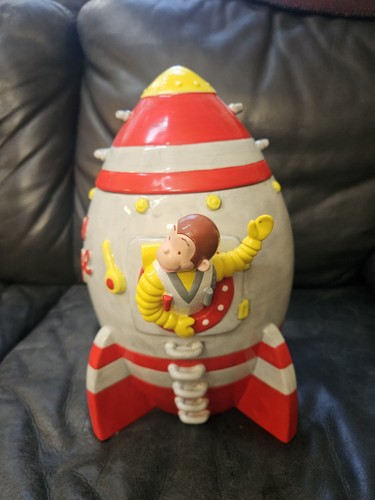Vintage 1998 90s Curious George Monkey HMCo. Cookie Jar Spaceship