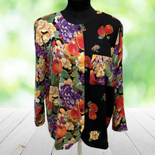 Vintage VENEZIA Fruit Floral Print Top Jewel Buttons Artwear USA Made Size 14/16