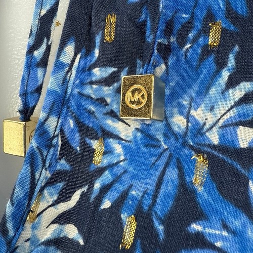 Michael Kors Blue Floral Metallic Keyhole Tie Shorts Sleeve Peplum Blouse Top S - Picture 3 of 6