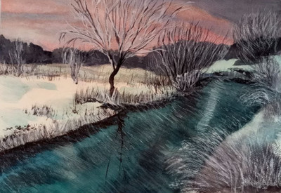 original watercolor painting ''first snow on the river'' delicate blue landscapeA3