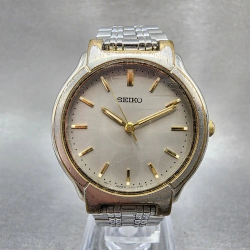 Seiko Watch Men 32mm Silver Dial Two Tone Round v701-2b50 New Battery AB123