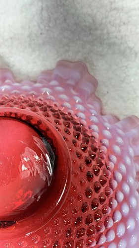 Vintage Fenton Cranberry Glass Opalescent Hobnail Ruffled Bowl - Picture 10 of 24
