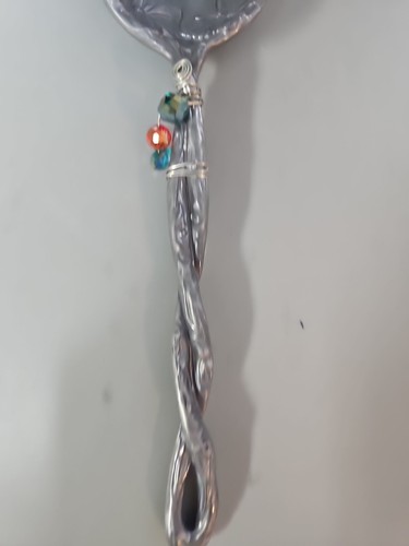 Silver Serving Spoon With Decoative Leaves And Butterfly W/Beaded Handle - Picture 4 of 5