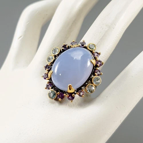 Anillo de calcedonia natural de 29 quilates con piedras preciosas de plata de ley 925 tamaño 8,5/R424742 Foto 2 de 4