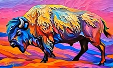 Original Abstract Wildlife Art - American Bison, Buffalo, 40x24 Inches Signed