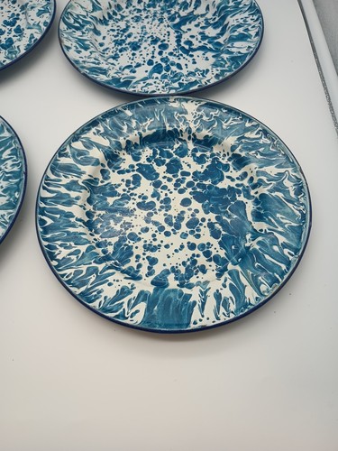 Vtg Enamel Ware Plates Blue And White Swirl Splatter Camping Set Of 4 - Picture 5 of 8