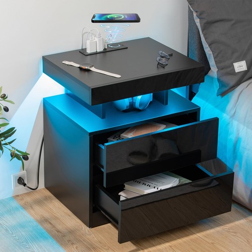 LED Nightstand with Wireless Charging Station & USB Ports High Gloss Bedside ...