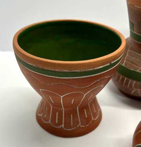 Vintage Mexican Native Style Vases Terracotta Green Glaze Interior Geometric Art - Picture 14 of 16