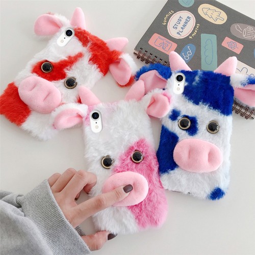 1pc Fluffy Plush Cow Mobile Phone Case Protector Compatible with iPhone - Picture 2 of 18