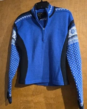 OBERMEYER Signature Ladies Size M, 1/2 Zip Sweater Wool Blend Blue Black White