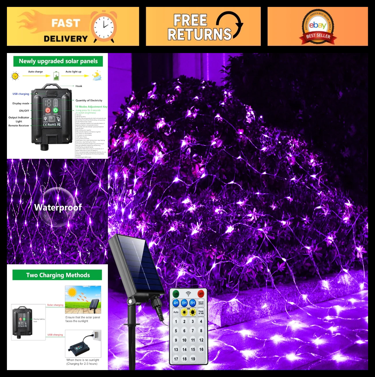 Solar Net Lights 200 LED Purple - Outdoor Halloween & Xmas Decor, 19 Modes, USB