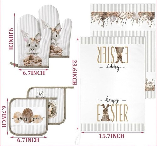 Easter 6 Pcs Kitchen Towel Pot Holder Oven Mitt Set- Bunny,Eggs,Flowers - New - Picture 2 of 4