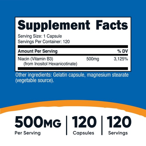 Nutricost Niacin (Flush-Free) Inositol Hexanicotinate 500mg, 120 Cap, Vitamin B3 - Picture 2 of 5