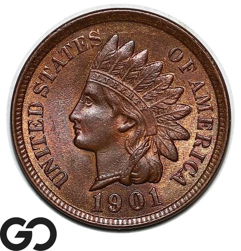 1901 Indian Head Cent Penny, Red Brown, Gem BU++ RB