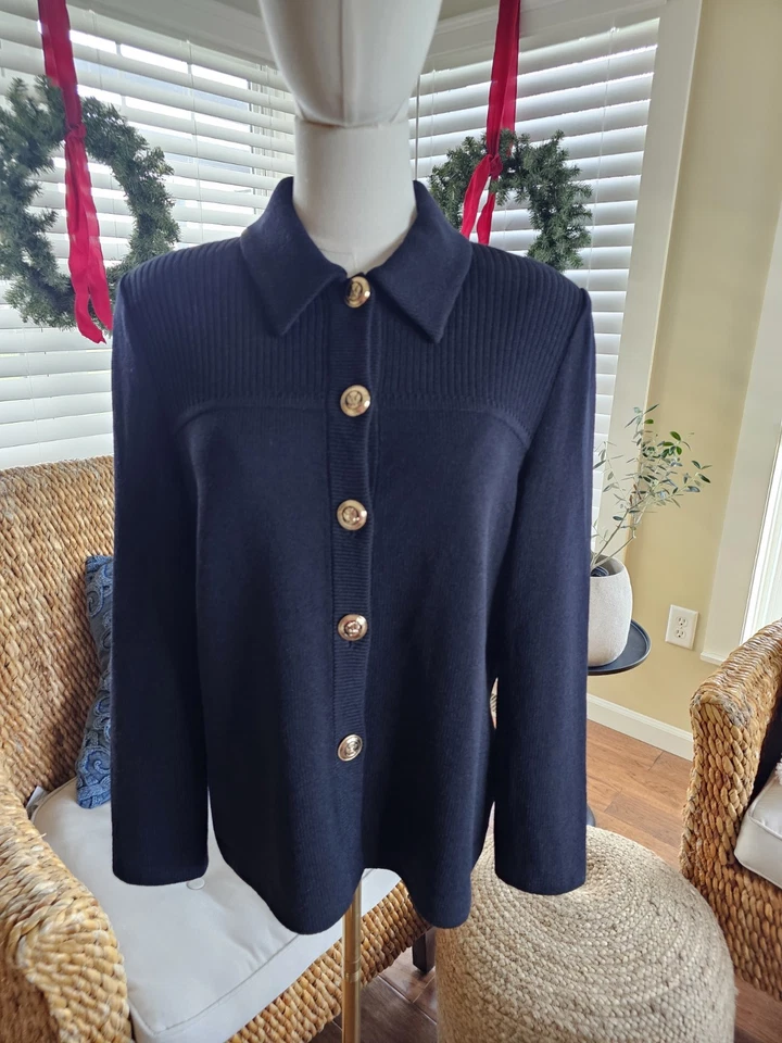 Chaqueta Cárdigan Blazer ST. JOHN Básica Negra Dorada Botón Santana Tejido Mujer Talla 8 Foto 4 de 4