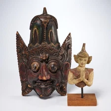 Vintage Balinese Indonesian Wood Barong Kadek Mask Praying Buddha Figurine Lot