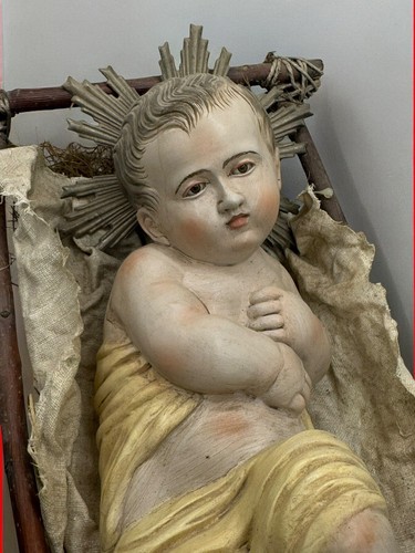 Bambino Gesù Bambinello Napoletano Culla Crib 23 Cm Argilla Occhi Vetro - Foto 16 di 18