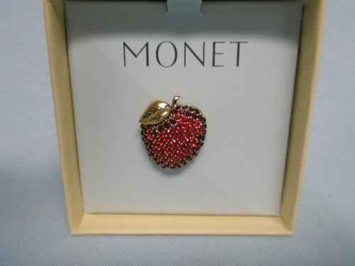 Vintage Monet signiert zweifarbig rot Strass Erdbeernadel Brosche